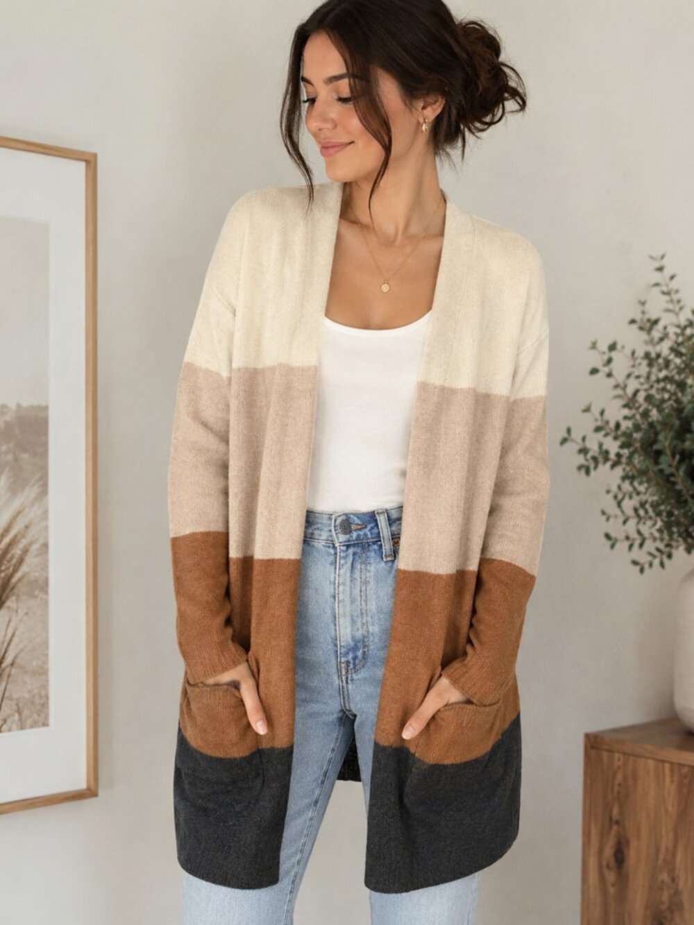 Madewell Colorblock Open Front Cardigan Sweater XS Neutral Striped Cozy Knit